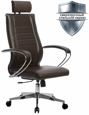 Кресло офисное МЕТТА "К-32" хром, рецик. кожа, подголовник, сиденье и спинка мягкие, темно-коричневое