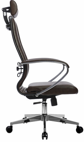 Кресло офисное МЕТТА "К-32" хром, рецик. кожа, подголовник, сиденье и спинка мягкие, темно-коричневое