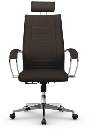 Кресло офисное МЕТТА "К-32" хром, рецик. кожа, подголовник, сиденье и спинка мягкие, темно-коричневое