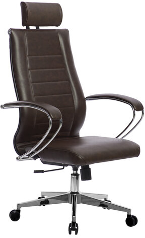 Кресло офисное МЕТТА "К-32" хром, рецик. кожа, подголовник, сиденье и спинка мягкие, темно-коричневое
