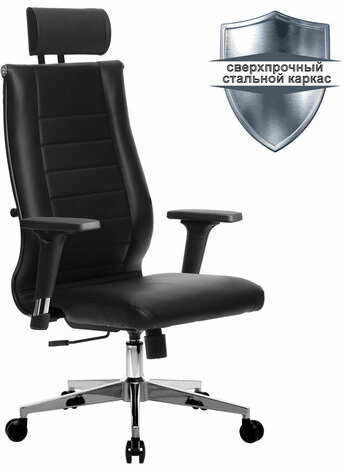 Кресло офисное МЕТТА "К-32-2D" хром, рецик. кожа, подголовник, сиденье и спинка мягкие, черное