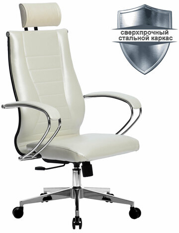 Кресло офисное МЕТТА "К-34" хром, рецик. кожа, подголовник, сиденье и спинка мягкие, белое