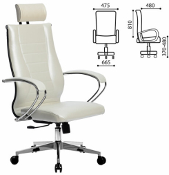 Кресло офисное МЕТТА "К-34" хром, рецик. кожа, подголовник, сиденье и спинка мягкие, белое