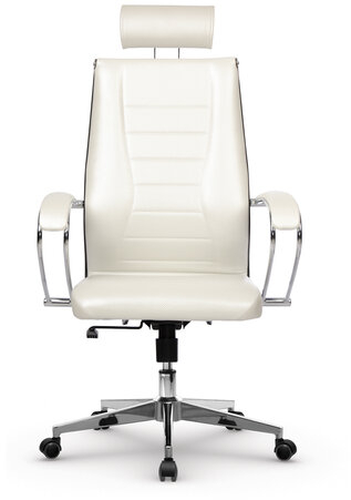 Кресло офисное МЕТТА "К-34" хром, рецик. кожа, подголовник, сиденье и спинка мягкие, белое