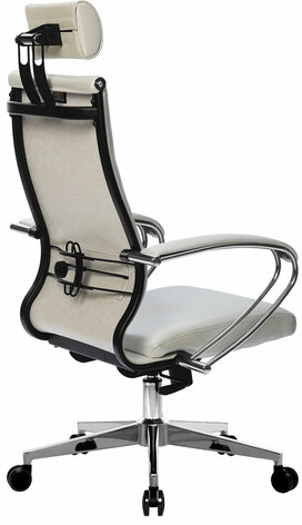 Кресло офисное МЕТТА "К-34" хром, рецик. кожа, подголовник, сиденье и спинка мягкие, белое